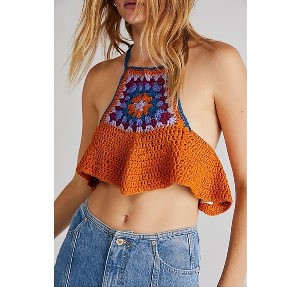 Free People Festival Retro 70s Bella Crochet Halter Top XS Bohemian Coachella - Picture 4 of 15